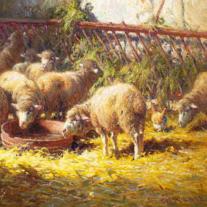 Charles Clair, Sheep Feeding In A Barn