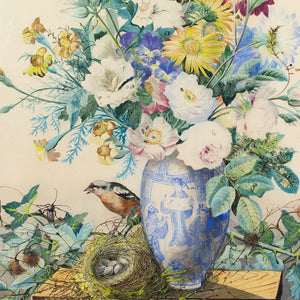 Charles Gaudelet, Still Life With A Bouquet, Vase, Goldfinch & Bird’s Nest