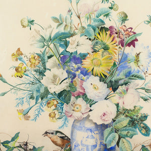 Charles Gaudelet, Still Life With A Bouquet, Vase, Goldfinch & Bird’s Nest