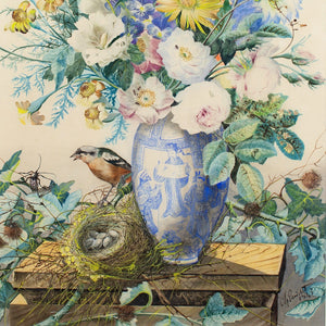 Charles Gaudelet, Still Life With A Bouquet, Vase, Goldfinch & Bird’s Nest