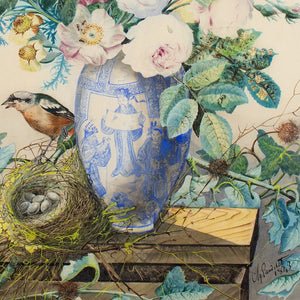 Charles Gaudelet, Still Life With A Bouquet, Vase, Goldfinch & Bird’s Nest