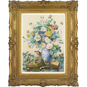 Charles Gaudelet, Still Life With A Bouquet, Vase, Goldfinch & Bird’s Nest