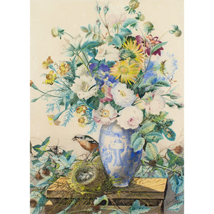 Charles Gaudelet, Still Life With A Bouquet, Vase, Goldfinch & Bird’s Nest