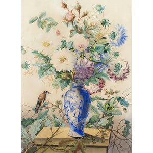 Charles Gaudelet, Still Life With A Bouquet, Goldfinch & Spider
