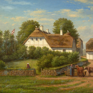 Christian Berthelsen, Village Landscape With Thatched Cottage & Storks