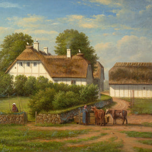 Christian Berthelsen, Village Landscape With Thatched Cottage & Storks