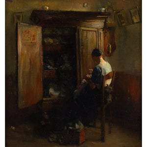 Jacob Dooijewaard, Interior With Girl Mending Clothes
