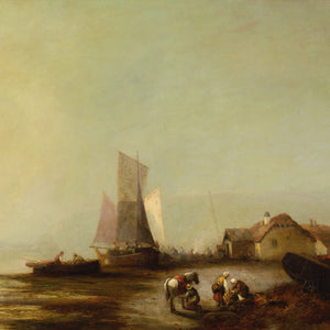 George G Fryer, Coastal Landscape With Fisherfolk, Boats & Cottages