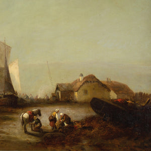 George G Fryer, Coastal Landscape With Fisherfolk, Boats & Cottages