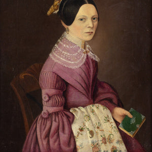 Mid-19th-Century German School, Portrait Of A Lady Holding Embroidery