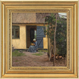 Alfred Broge, Courtyard With Thatched Cottage & Seated Woman