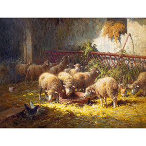 Charles Clair, Sheep Feeding In A Barn