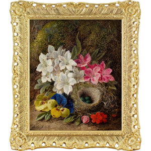 George Clare, Still Life With Bird’s Nest, Flowers & Mossy Bank