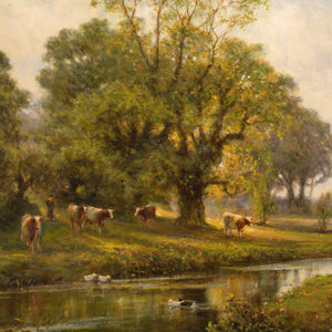 Alfred Augustus Glendening, Sunlit River Landscape With Cattle & Ducks