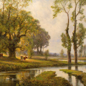 Alfred Augustus Glendening, Sunlit River Landscape With Cattle & Ducks