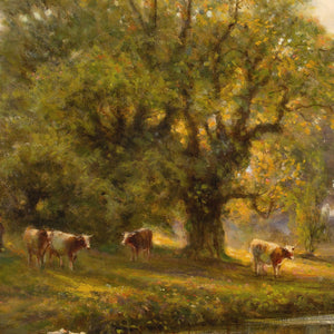 Alfred Augustus Glendening, Sunlit River Landscape With Cattle & Ducks