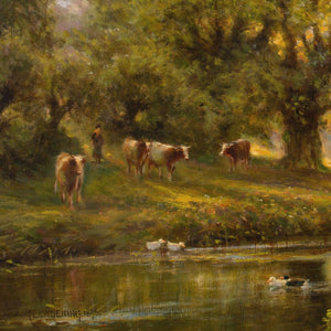 Alfred Augustus Glendening, Sunlit River Landscape With Cattle & Ducks