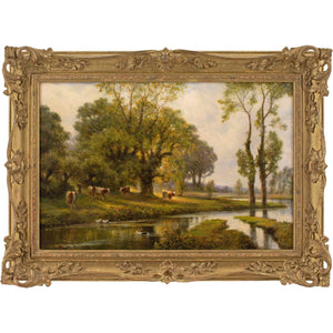 Alfred Augustus Glendening, Sunlit River Landscape With Cattle & Ducks