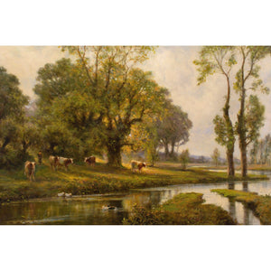 Alfred Augustus Glendening, Sunlit River Landscape With Cattle & Ducks