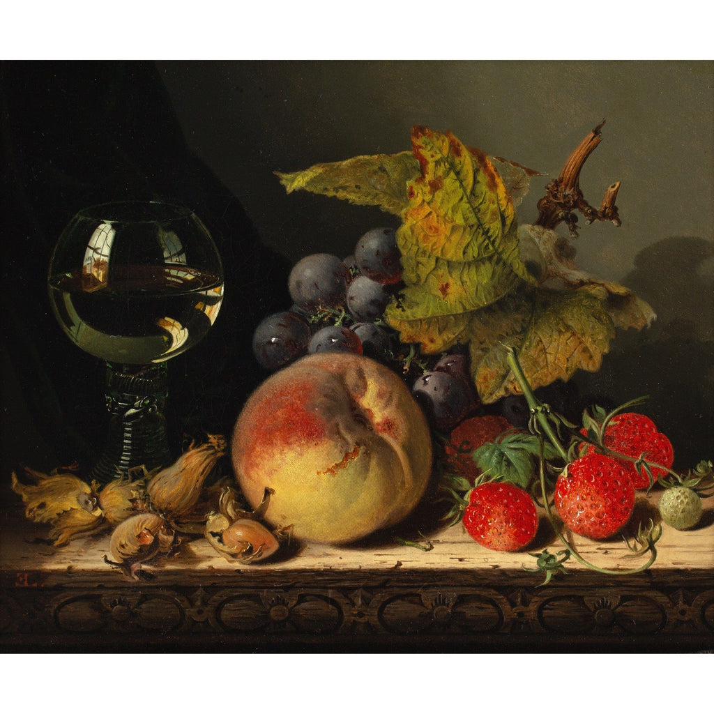 Edward Ladell, Cobnuts, A Roemer, Raspberries, A Peach, Black Grapes
