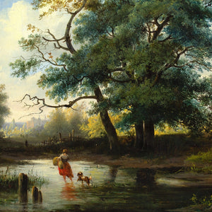 Adrianus Hendrikus de Bruine, Landscape With Oak Trees, Pond & Traveller