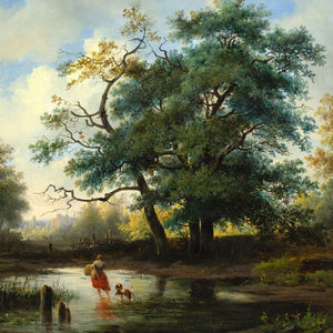 Adrianus Hendrikus de Bruine, Landscape With Oak Trees, Pond & Traveller