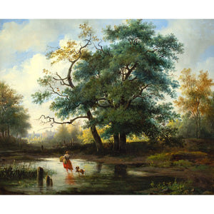 Adrianus Hendrikus de Bruine, Landscape With Oak Trees, Pond & Traveller