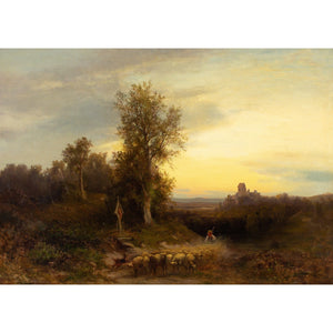 Heinrich Hiller, Evening Landscape With Shepherd & Wayside Shrine