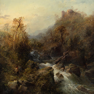 Late 19th-Century Düsseldorf School, Landscape With Rushing Waterfall, Hikers & Hilltop Ruins