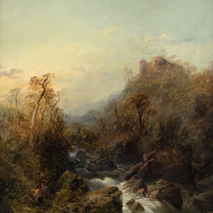 Late 19th-Century Düsseldorf School, Landscape With Rushing Waterfall, Hikers & Hilltop Ruins