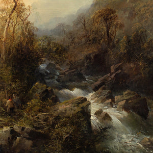 Late 19th-Century Düsseldorf School, Landscape With Rushing Waterfall, Hikers & Hilltop Ruins