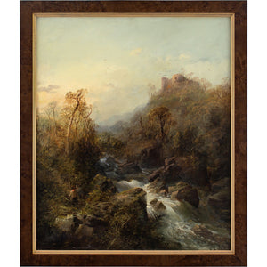 Late 19th-Century Düsseldorf School, Landscape With Rushing Waterfall, Hikers & Hilltop Ruins