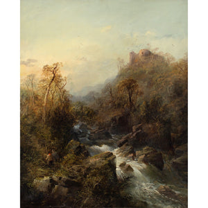 Late 19th-Century Düsseldorf School, Landscape With Rushing Waterfall, Hikers & Hilltop Ruins