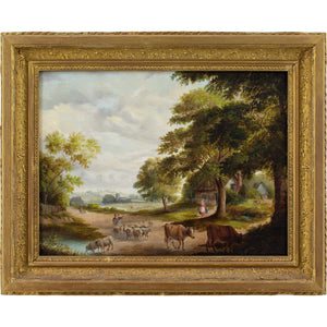 Mid-19th-Century English School, Rural Scene With Family, Cattle & Cottage