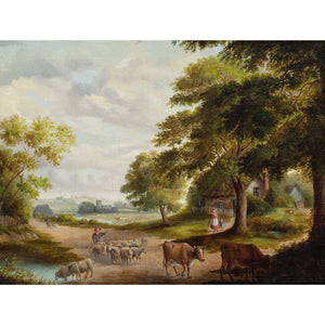 Mid-19th-Century English School, Rural Scene With Family, Cattle & Cottage