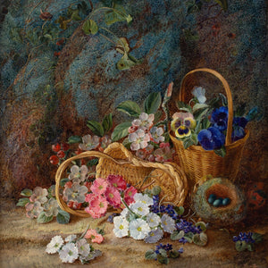 Vincent Clare, Still Life With Bird's Nest, Wicker Baskets, Primroses & Apple Blossom