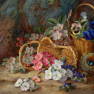 Vincent Clare, Still Life With Bird's Nest, Wicker Baskets, Primroses & Apple Blossom