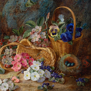 Vincent Clare, Still Life With Bird's Nest, Wicker Baskets, Primroses & Apple Blossom