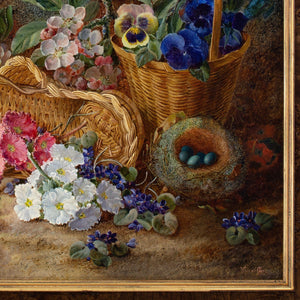 Vincent Clare, Still Life With Bird's Nest, Wicker Baskets, Primroses & Apple Blossom