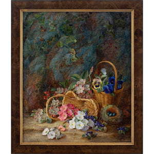 Vincent Clare, Still Life With Bird's Nest, Wicker Baskets, Primroses & Apple Blossom