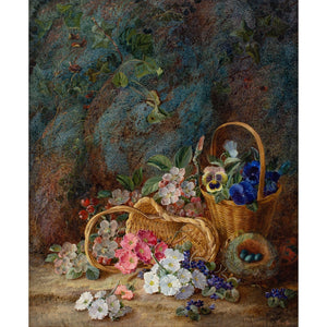 Vincent Clare, Still Life With Bird's Nest, Wicker Baskets, Primroses & Apple Blossom