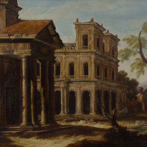 Late 17th-Century Italian School, Architectural Capriccio With Portico & Distant Mountain