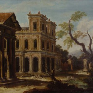 Late 17th-Century Italian School, Architectural Capriccio With Portico & Distant Mountain