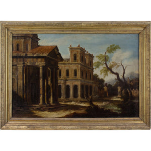 Late 17th-Century Italian School, Architectural Capriccio With Portico & Distant Mountain