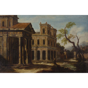 Late 17th-Century Italian School, Architectural Capriccio With Portico & Distant Mountain