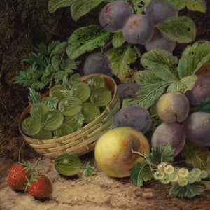 Oliver Clare, Still Life With Basket, Plums, Gooseberries, Apple & Strawberries