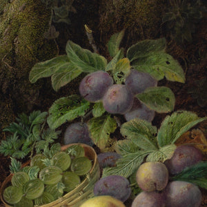 Oliver Clare, Still Life With Basket, Plums, Gooseberries, Apple & Strawberries