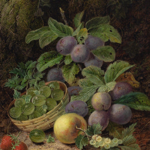 Oliver Clare, Still Life With Basket, Plums, Gooseberries, Apple & Strawberries