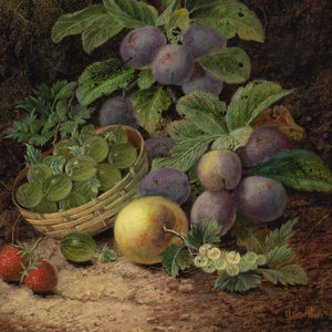 Oliver Clare, Still Life With Basket, Plums, Gooseberries, Apple & Strawberries