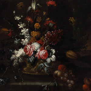 Giuseppe Vincenzino (Circle), Still Life With Basket, Flowers & Fruit On A Stone Ledge